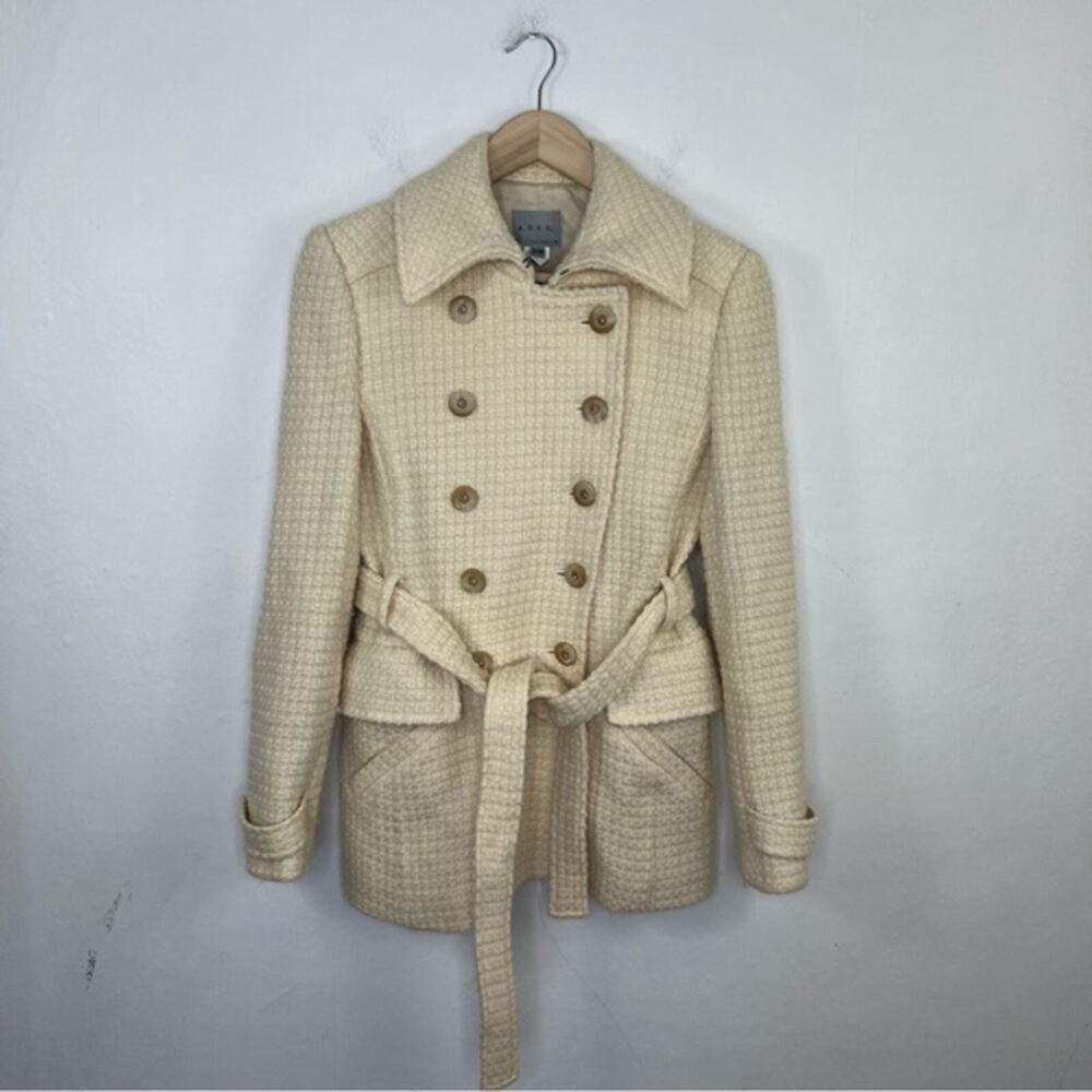 Phillipe Adec Cream Wool Blend Double Breasted Belted Jacket Coat Size 4